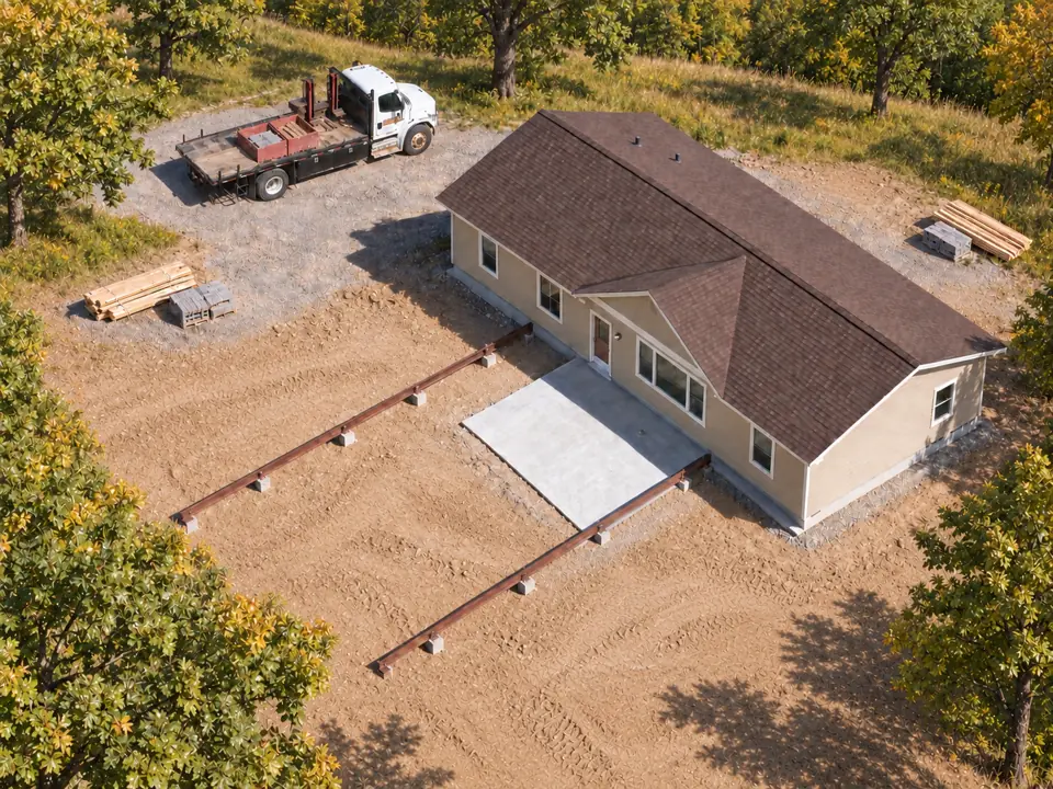Aerial view of a manufactured home and the steel rails used for placement